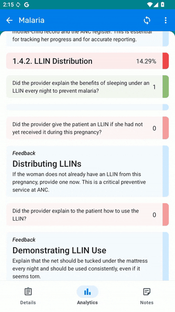 Supportive supervision feedback in DHIS2 Android Capture: section scores rendered against colour thresholds, with formatted feedback appearing inline beneath each question.